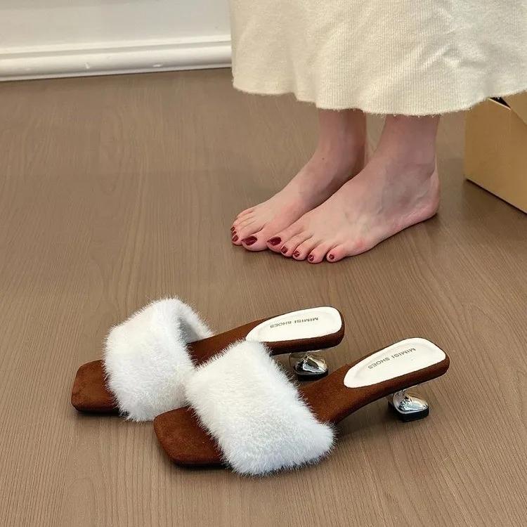 Fashion Women's Slippers New Fashion Plush Warm Luxury Autumn Winter Open Toe Fake Fur Leopard Decorative Non-slip High-heeled Slippers