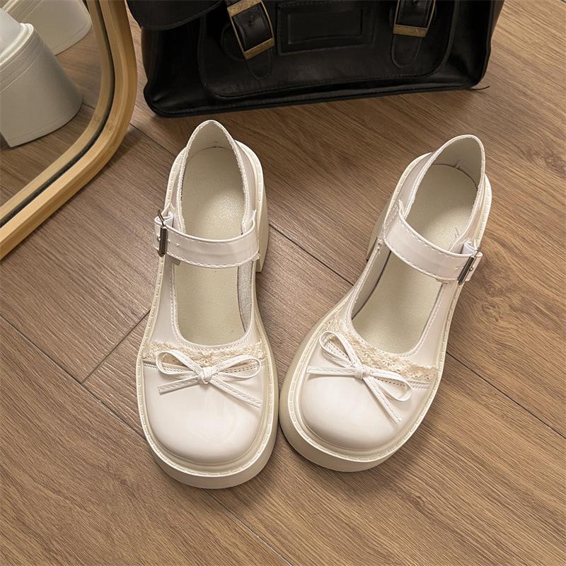 

Туфли-лодочки на толстой подошве, с бантом, универсальные черные из маленькой кожи, женские, новые 2025, с пряжкой, Мэри Джейн, одинарные 40 бежевый