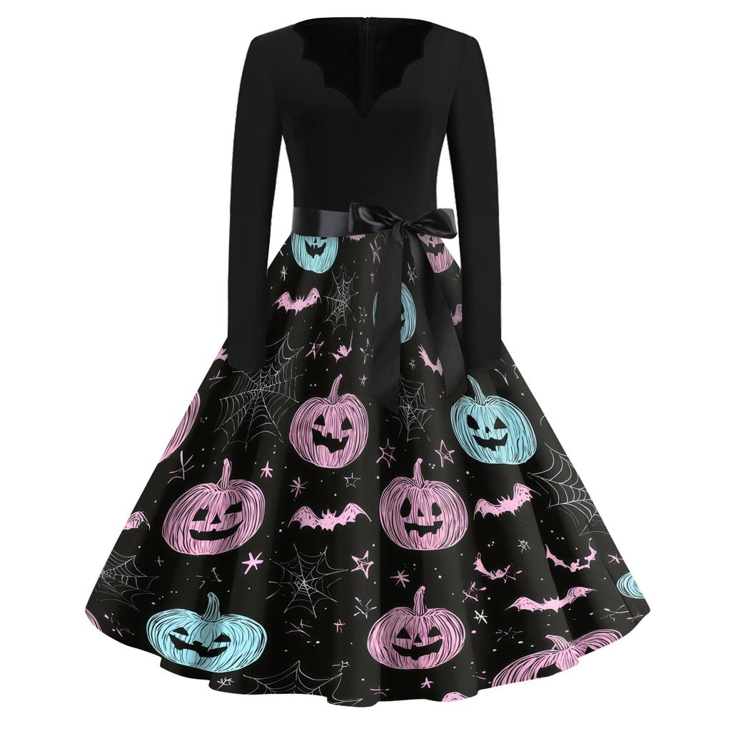 Women's Casual Halloween Dress V Neck Long Sleeve Retro Style Vintage Ghost Print Midi Dress with Waist Tie for Daily Wear