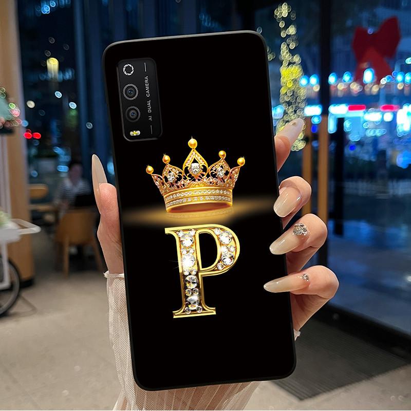 Case For TCL 205 4187D Bumper Black Silicone Shockproof Soft Casing Lucky Exclusive Initial Letter Luxury Crown Pattern Cover