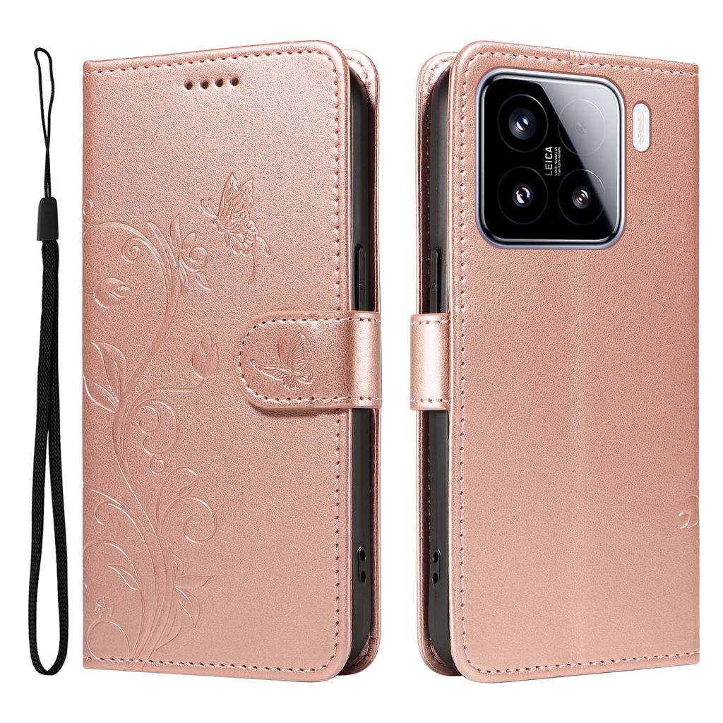 For Xiaomi 15 PU Leather Cases Flower Pattern Wallet Stand Phone Cover with Strap