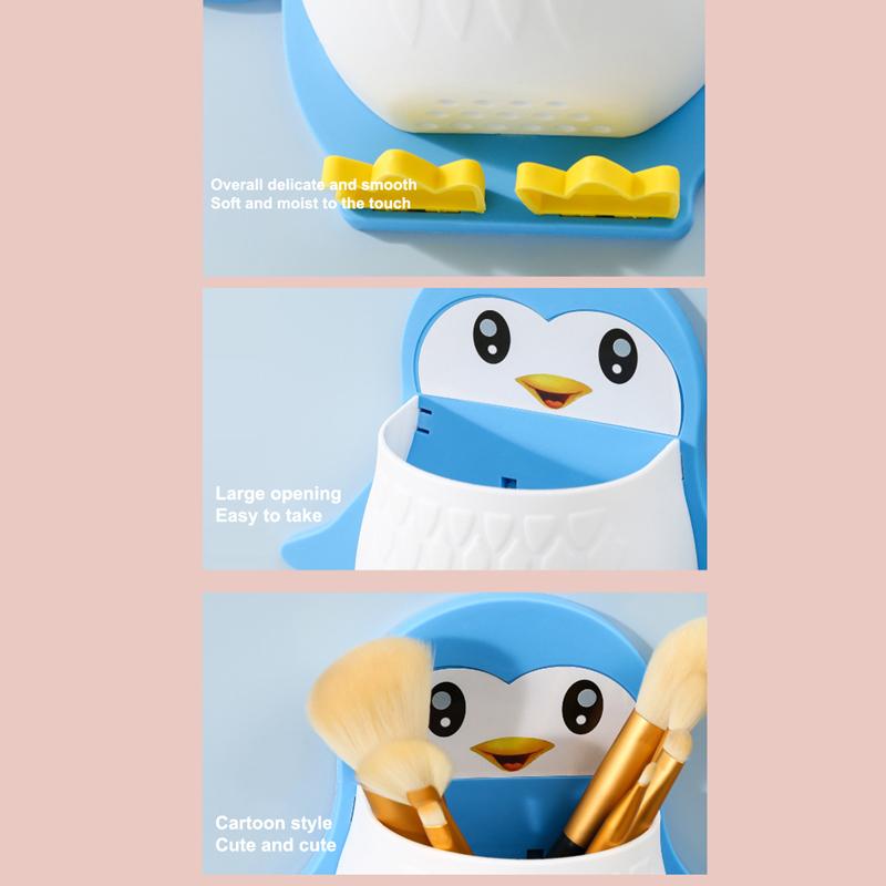 Cute Cartoon Penguin Wall Mounted Storage Holder With No Drill Installation Perfect For Bathroom Toothbrush Toiletry Organizer