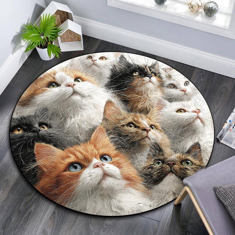 Curious Cat Round Area Rug,Carpet Rug for Living Room Bedroom Sofa Playroom Decor,Non-slip Floor Mat