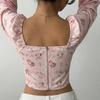 Ladies Spring Autumn Square Collar Sexy Bodycon Flower Printed Zipper Lace-Up Pullover Shirt Blouse Top