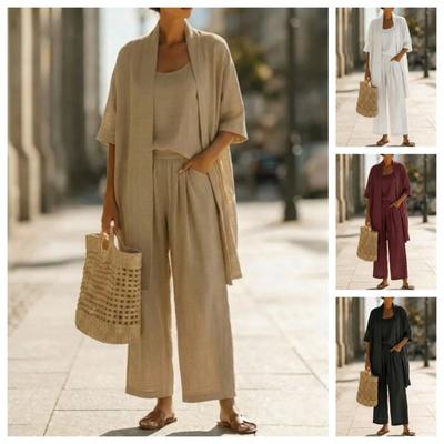 Casual Solid Linen Loose Vest Shirt Trouser Set Women Short Sleeve Cardigan Wide Leg Pants Suits Summer Lady Outfits