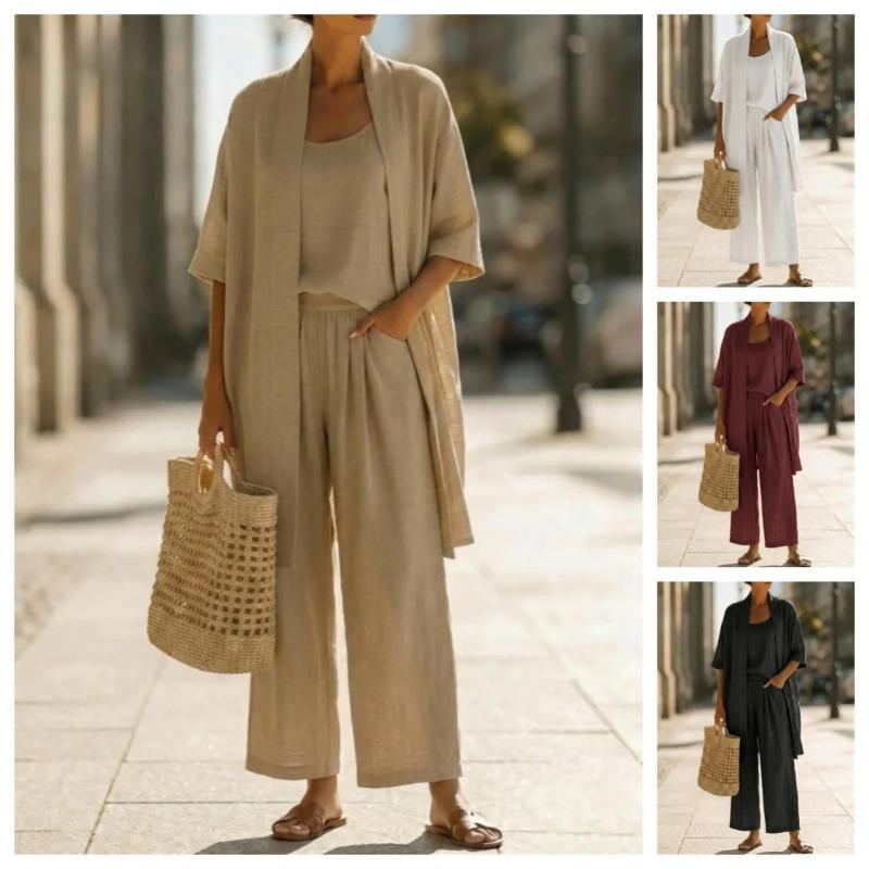 Casual Solid Linen Loose Vest Shirt Trouser Set Women Short Sleeve Cardigan Wide Leg Pants Suits Summer Lady Outfits