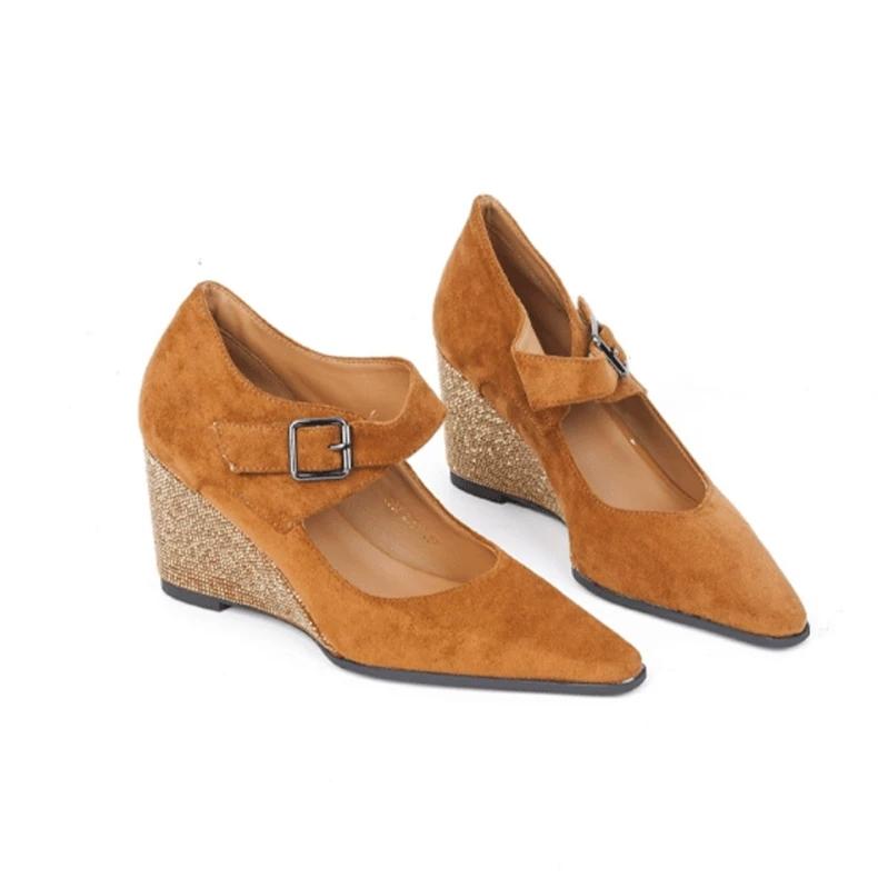 2025 New Wedges High Heels Sexy Women Shoes Autumn Designer Fashion Pointed Toe Women Shoe Suede Elegant Buckle Zapatillas Mujer