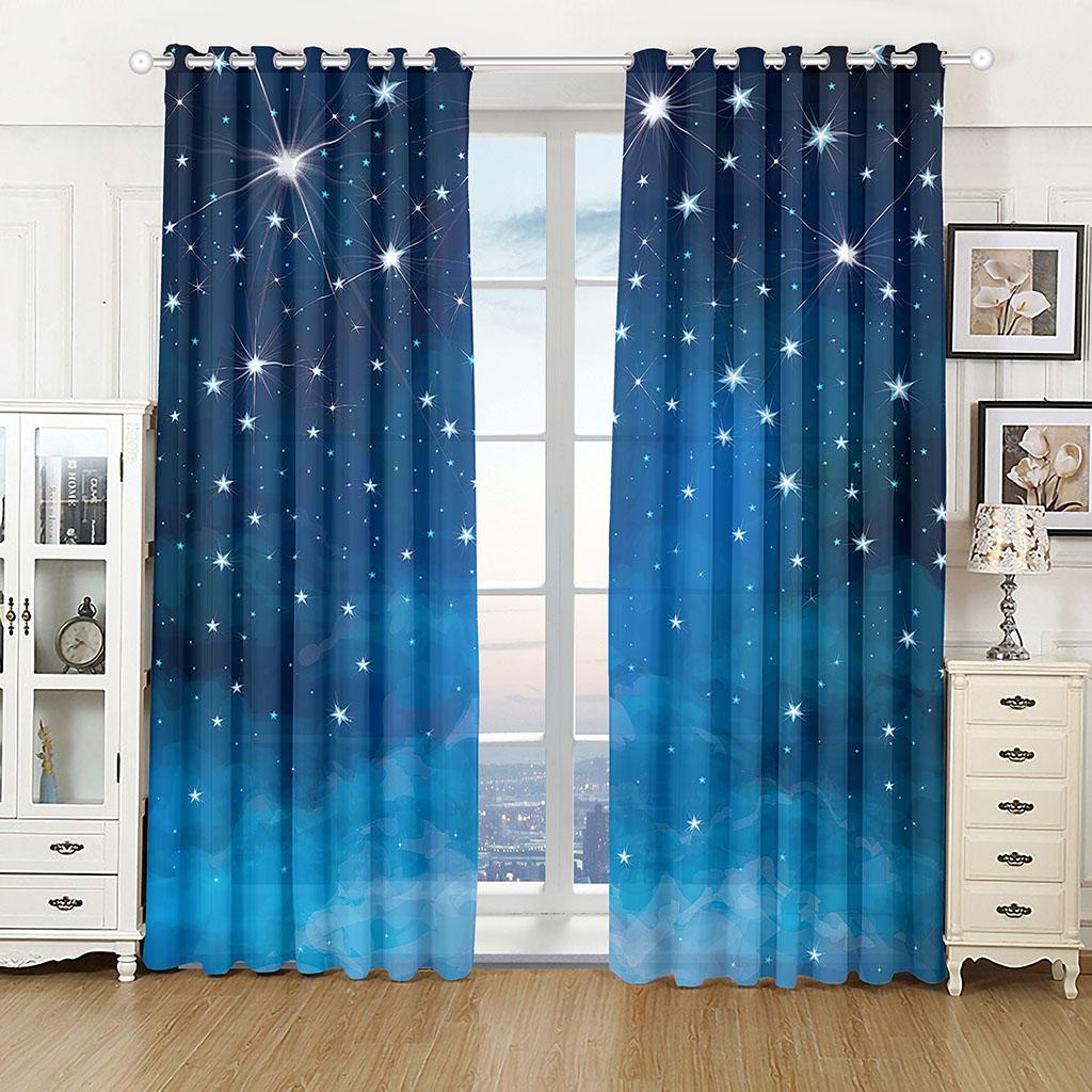 2pcs Fantasy Blue Night Starry Sky Printed Window Curtain - Rod Pocket Window Treatment for Home Decor and Room Decoration
