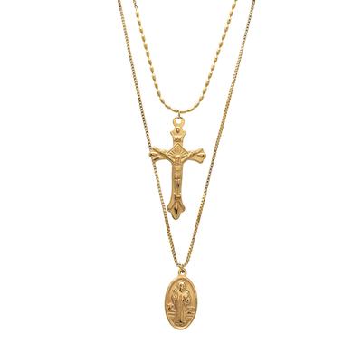 [R4426] - Gold 'Boho' Steel Designer Necklace (2 Rows) - 40x50 Cm - Cross 40x25 Mm (virgin Mary Cross)
