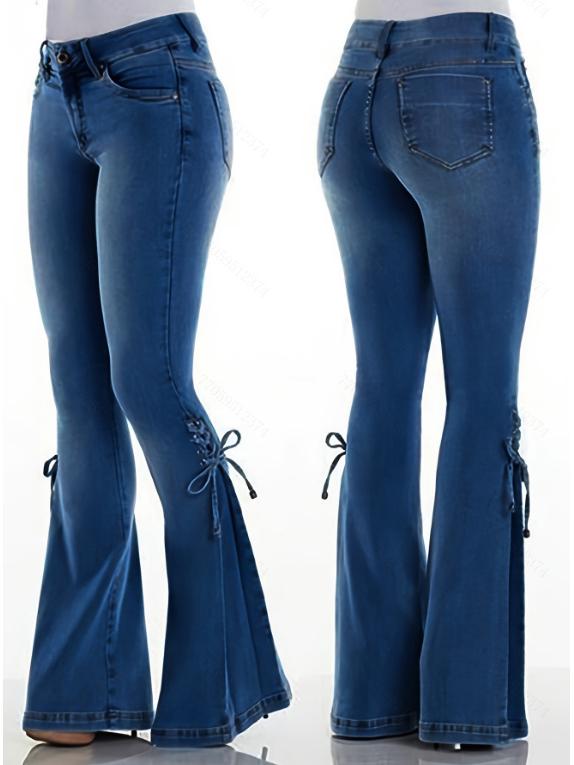 

Women s European & American Mid-Waist Lace-Up Flare Jeans XL темно-синий