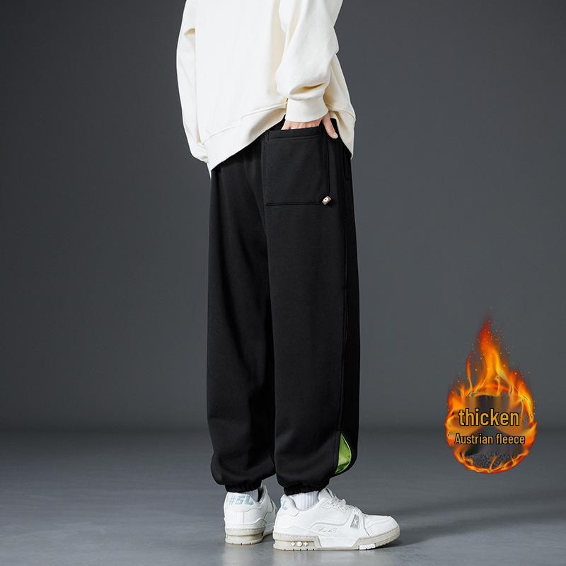 Men's Fleece-Lined Slim-Fit Cuffed Sweatpants - Thick, Stylish, Large Size, Steel Stamp Design for Autumn/Winter