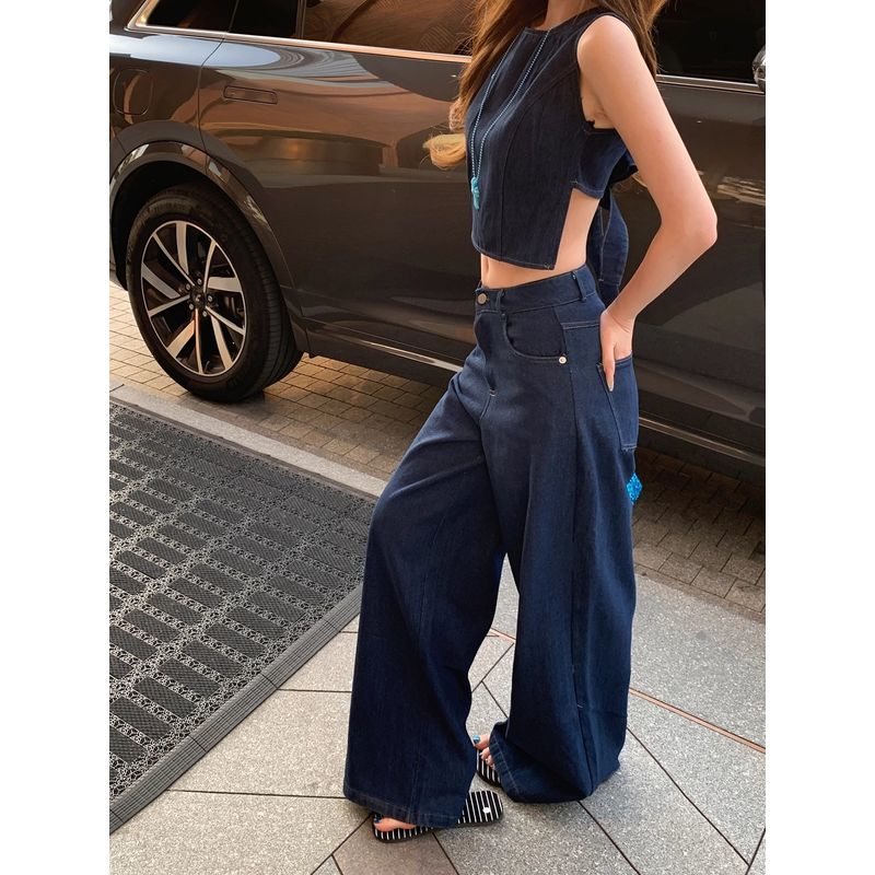 Kumikumi Fashion Set Back Lace-up Vest Top Women Summer High Waist Jeans Wide Leg Pants Two-piece Set