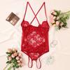 Red Crotchless Sexy Women's Underwear Lace Hollow Bow Backless Bodysuit Teddy Babydoll Erotic Costume Exotic Porn Lingerie Set