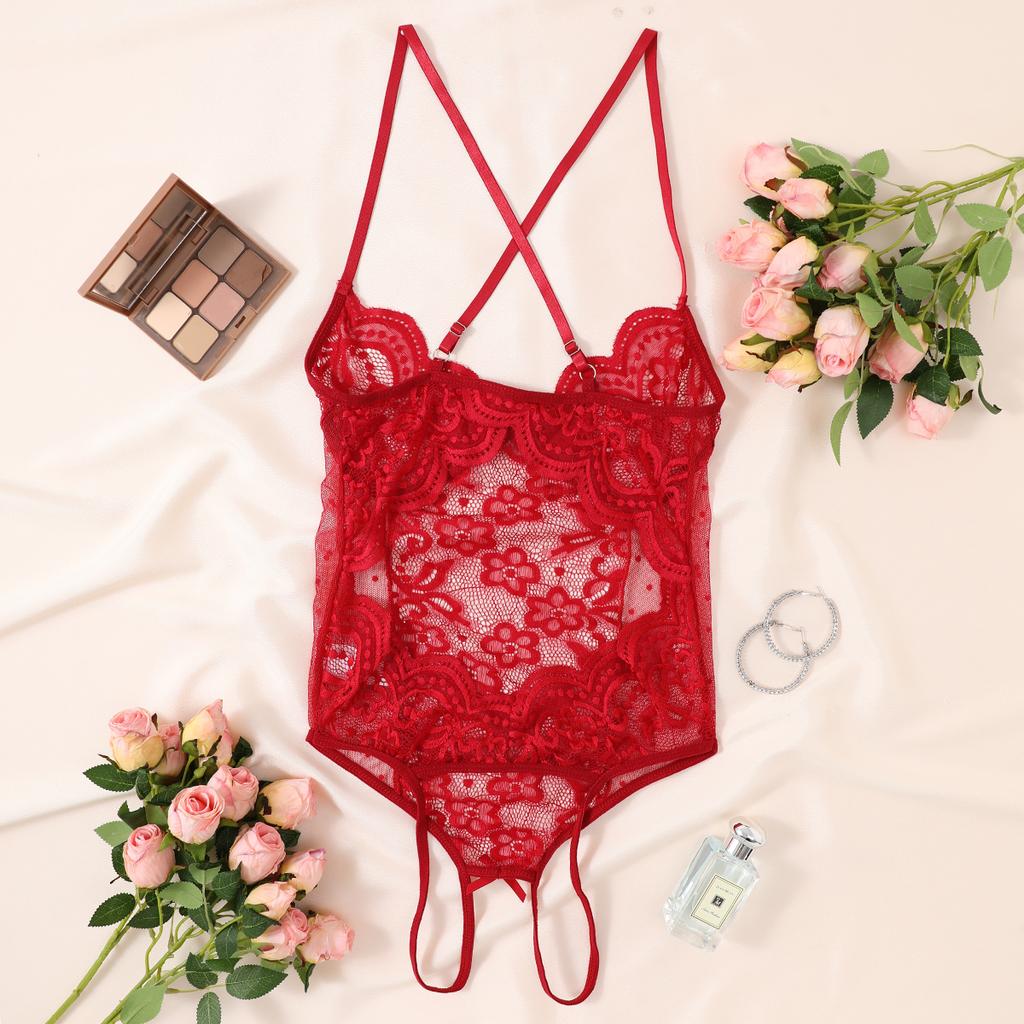 Red Crotchless Sexy Women's Underwear Lace Hollow Bow Backless Bodysuit Teddy Babydoll Erotic Costume Exotic Porn Lingerie Set