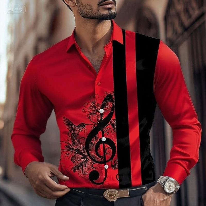 2025 Men's Striped Musical Note Dress Shirt Button Long Sleeve Fashion Casual Autumn Lapel Shirt 3D Printing Men Clothing