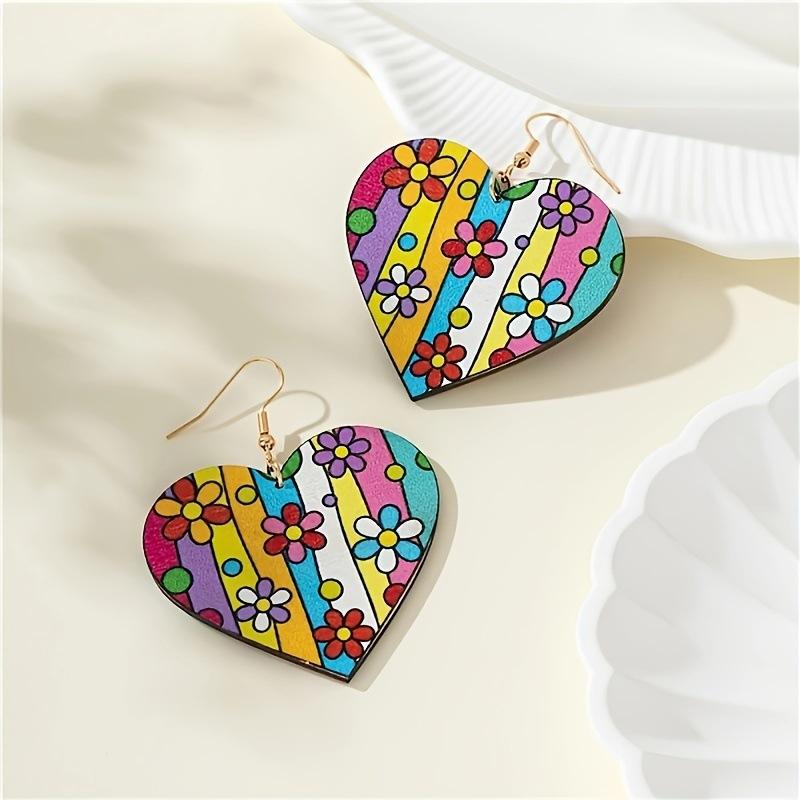 New Bohemian Wood Double-Sided Printed Heart Earrings Women's Fashion Love Earrings
