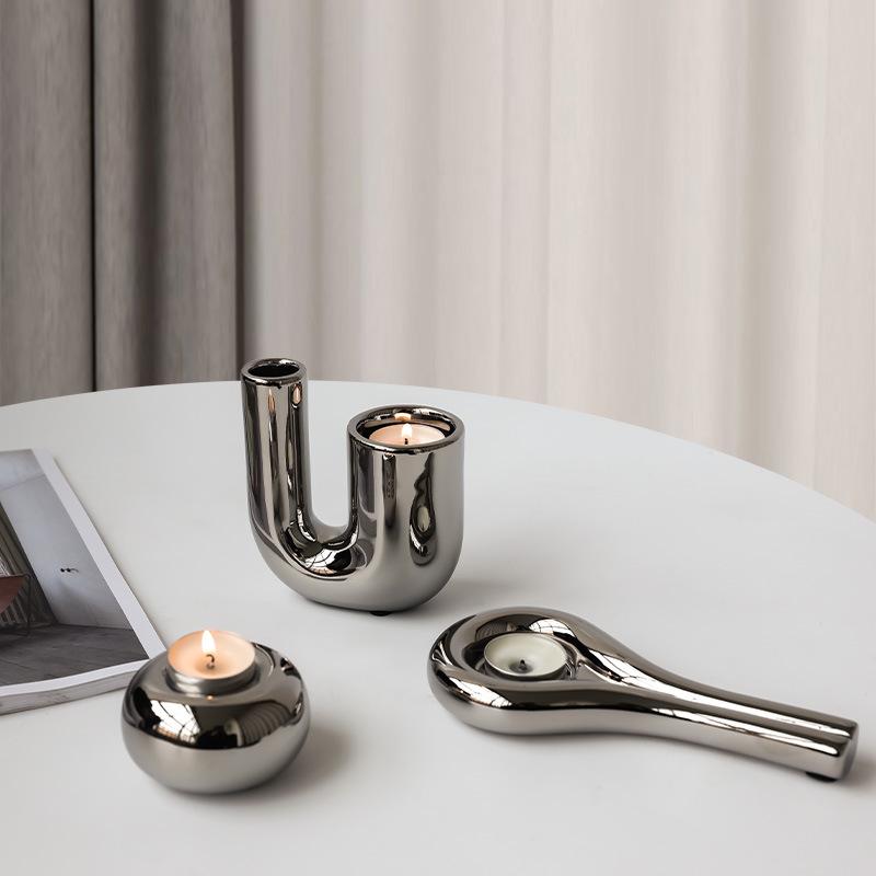 Luxury Electroplating Silver Candlestick Holder Modern Living Room Office Art Decoration Creative Ceramic Cylinder Candle Holder