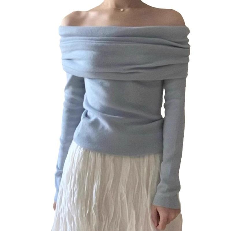 Black One-word Shoulder Top, Women's Off-the-shoulder Design Sense, Autumn New Slim-fit Temperament, Long-sleeved Knitted Sweater Inside