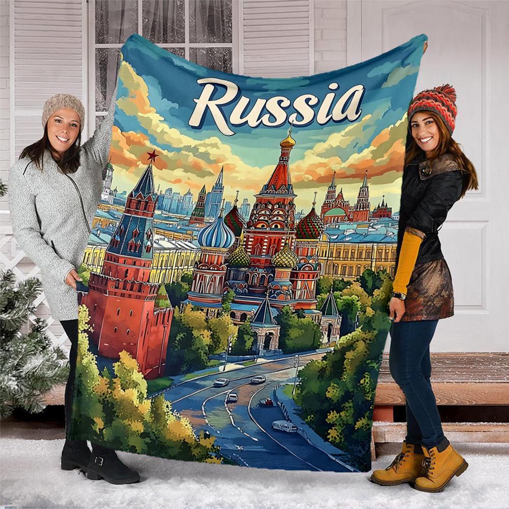 1pc Russia , Moscow Outdoor Flannel Blanket Soft All Season Polyester Throw , Perfect for Picnics & Travel , Picnic Accessory