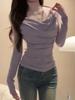Korea Chic Riemen Plissiert Slim Tops Damen 2024 Sexy U-Boot-Ausschnitt Causal Uni Pullover Elegant Party Blusen Herbst Winter Neu