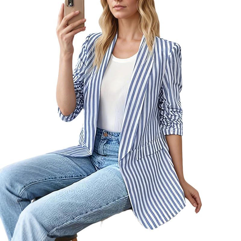 

ZANZEA Женский повседневный кардиган-блейзер с отложным воротником, длинным рукавом и принтом в тонкую полоску 4XL тёмно-синий