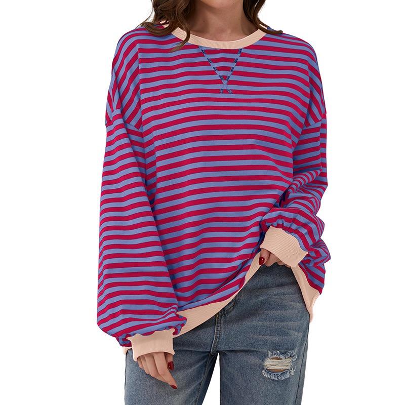 Loose Striped Long Sleeved Round Neck Women's T-shirt