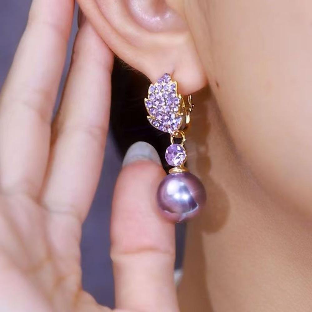 Luxury Romantic Purple Shining Brightly Full Zircon Leaves Pearl Pendant Dangle Earrings for Women Wedding Bride Charm Jewelry
