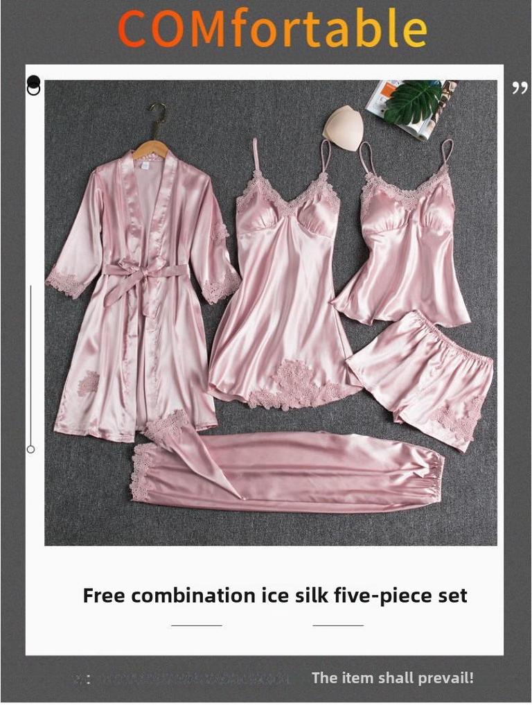 Women's Five-Piece Silk Pajama Set - Sensual Padded Nightdress and Battleship Print for Spring & Summer
