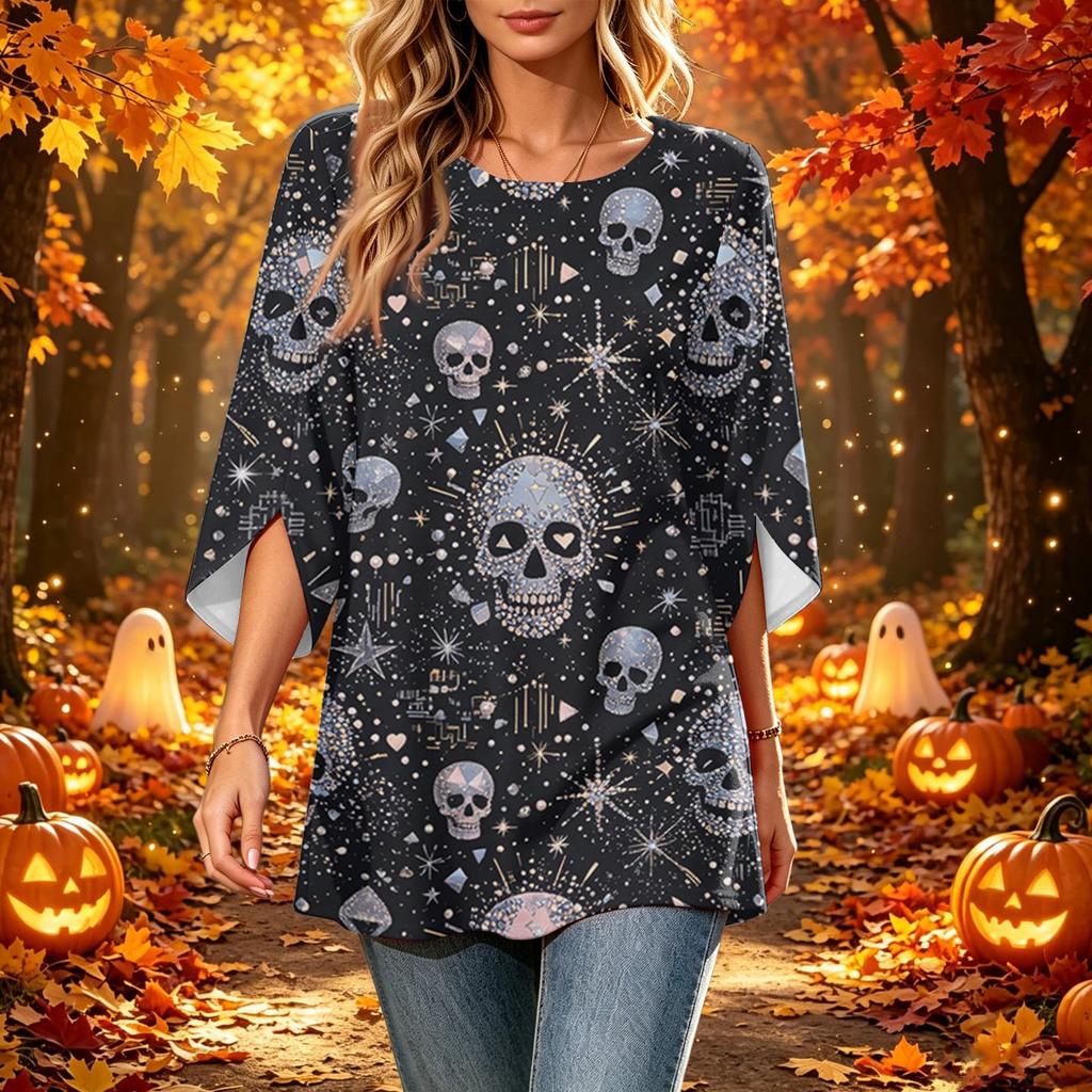 Women's Fashion Halloween Print Loose Casual Round Neck Three-Quarter Sleeve Top