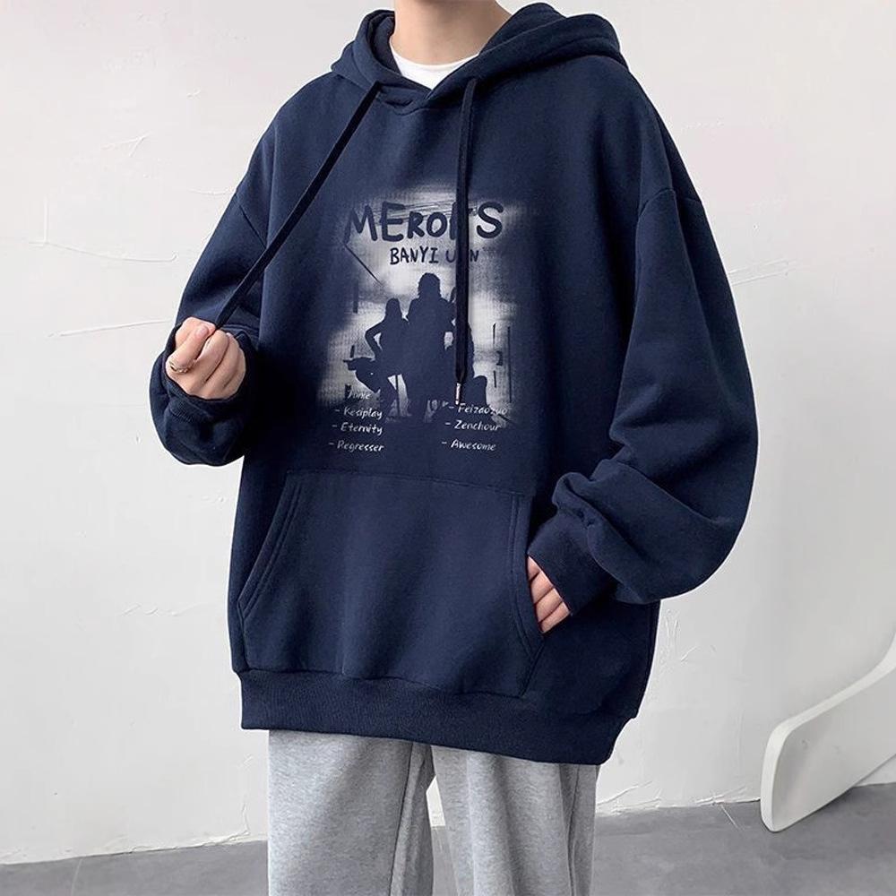 Printed Autumn and Winter Fleece Thickened Hooded Sweater Mens American Relaxed Fit Everyday Student Jacket