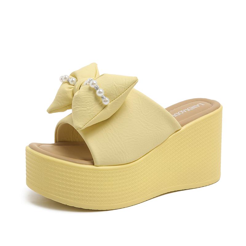 Fashion 9.5CM Flip Flops House Slippers Platform Shoes Woman 2025 Pull On Wedge Heeled Mules Low Hawaiian New High Slides Butterfly-knot