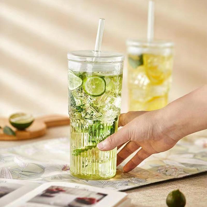 600Ml Large Capacity Stripe Glass Cup With Lid And Straw Transparent Drinking Glasses Water Cup Outdoor Drinkware Mug