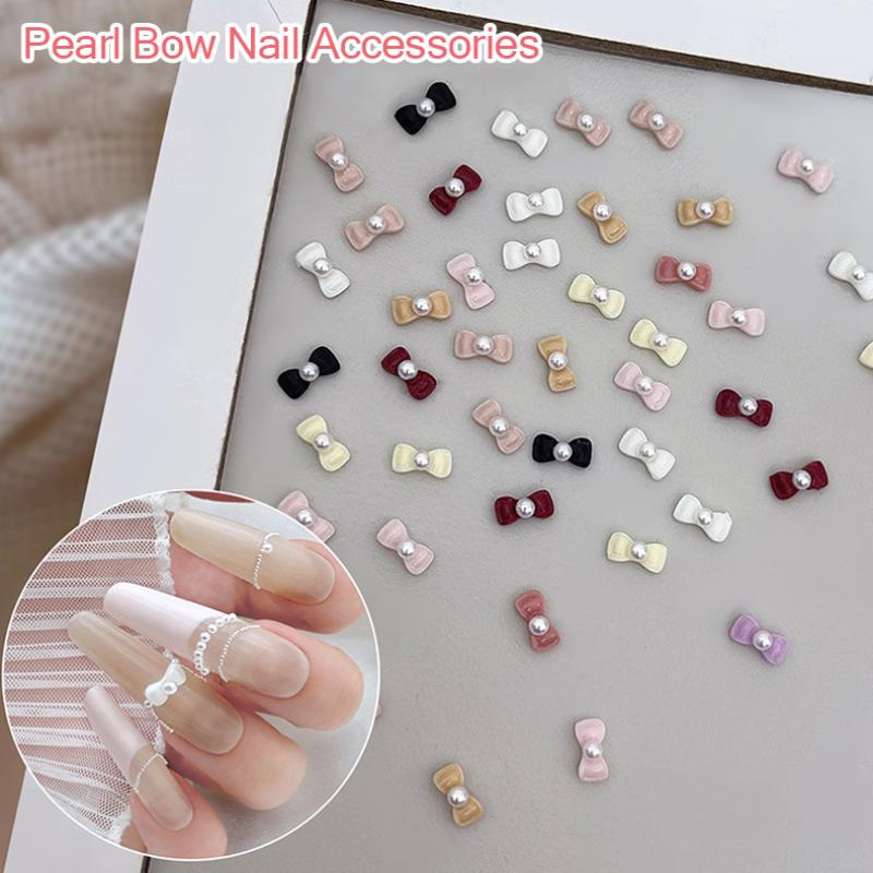 20Pcs Solid Color Minimalist Pearl Bows Nail Charms Bowknots Mini Resin  Inlaid Nail Art Decorations For Diy Manicure