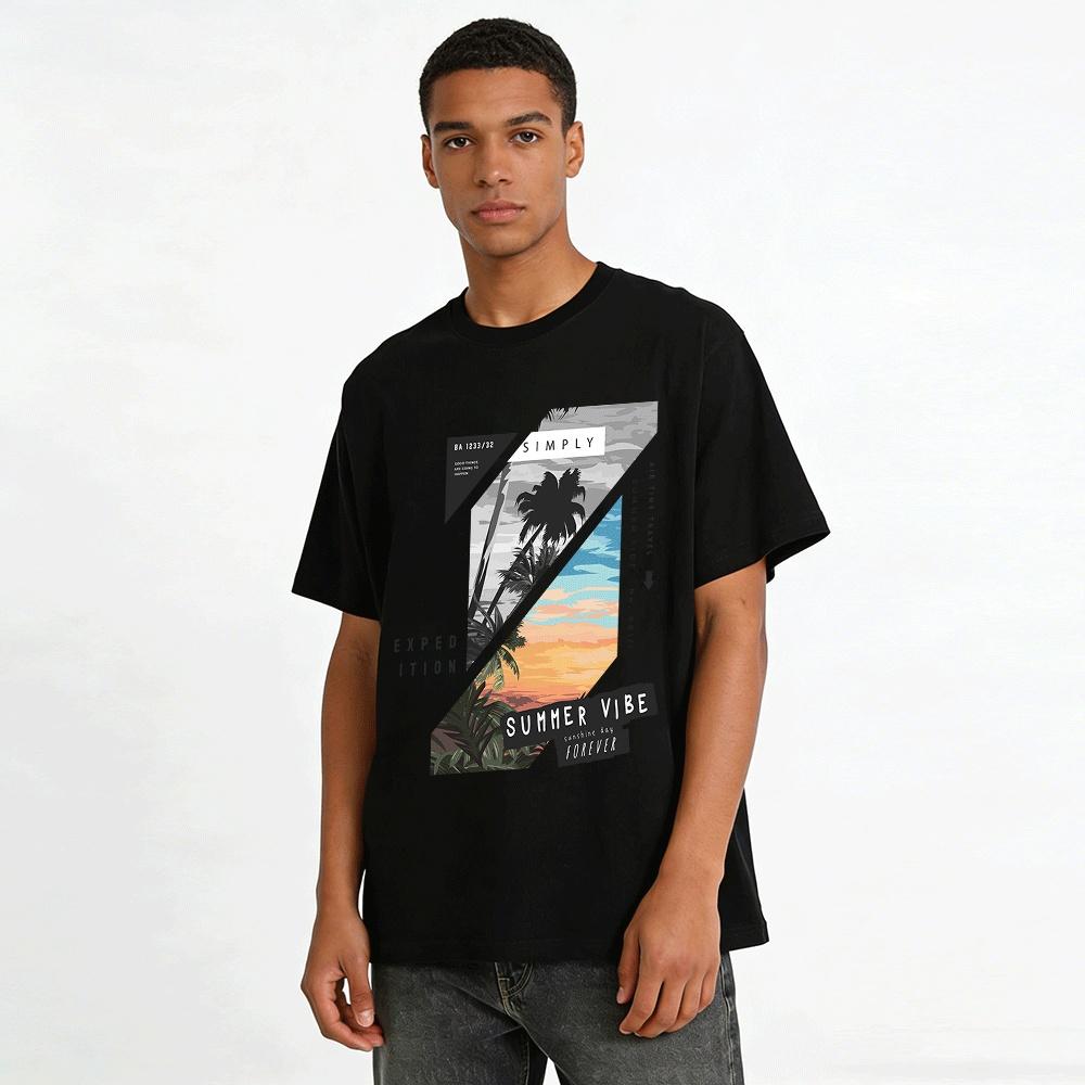 Tropical Coconut Tree Sunset Print Tee Summer Vacation Casual Top Pure Cotton T-shirt