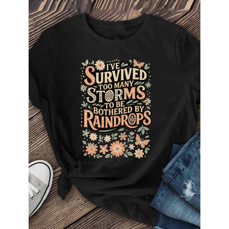 Womens Rainstory Print T Shirt Round Neck Casual Loose Short Sleeve Fashion Top