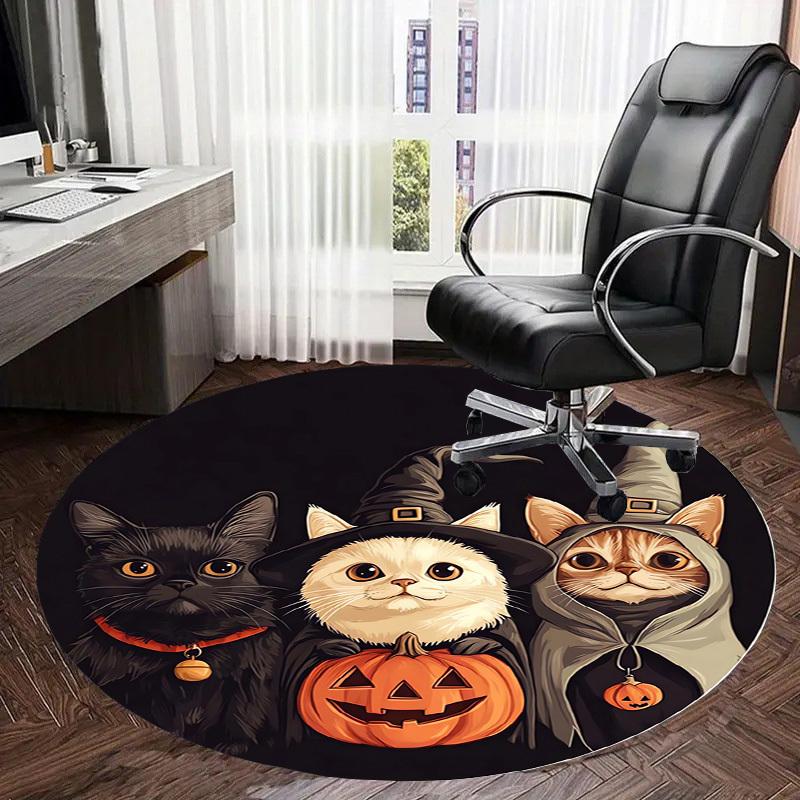 1pc Halloween cats in witch costumes with pumpkin. Round carpet, Made of Polyester,Perfect for Decorating Office Chairs, Living Rooms fplt558