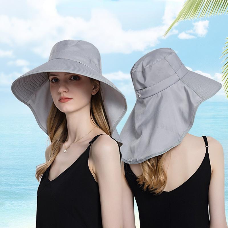 Women Snap Fastener Big Brim Hat Protection Visors Bucket Hat Sunscreen Fisherman Hats Outdoors Fishing Cap Ponytail Sun Hat