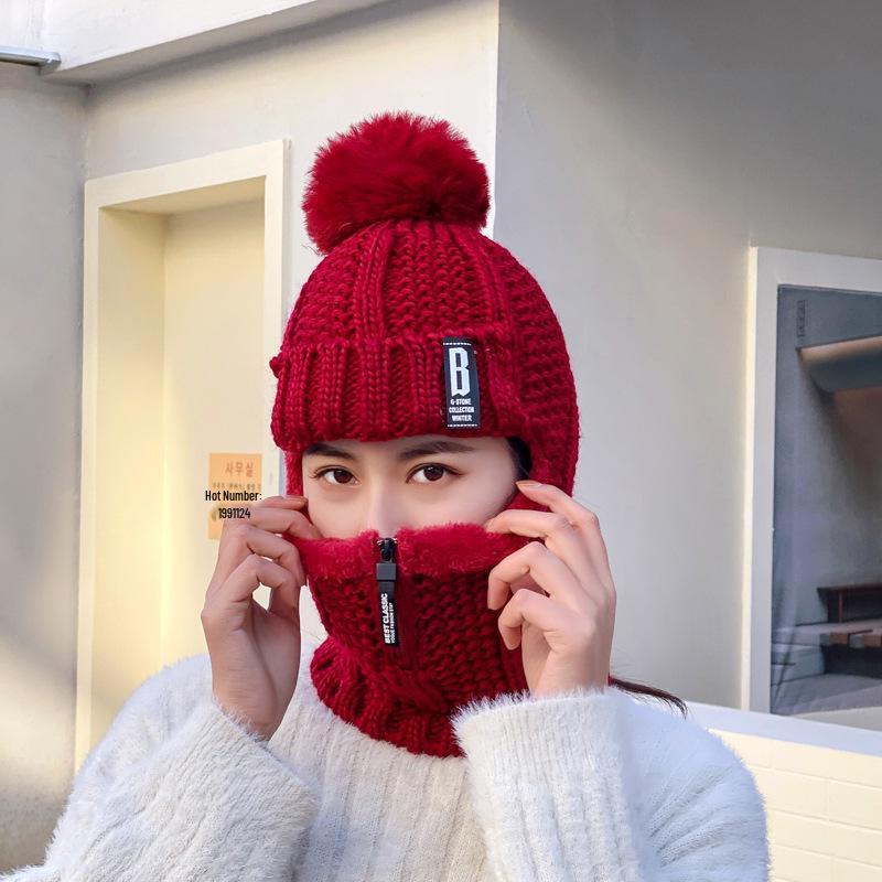 Women's Korean Style Velvet-Lined Knit Pullover Hat with Ear Protection and Zippered Neck Warmer for Winter Cycling