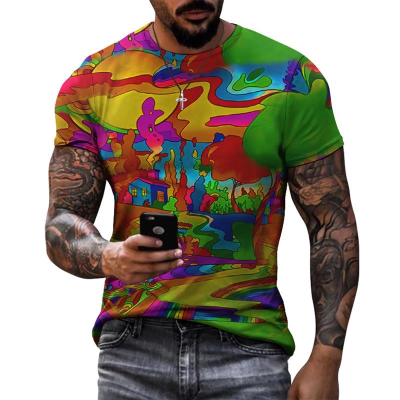 Summer Round Neck 3D Vibrant Ethnic Print Top Fashionable Casual Short Sleeved Men's T-shirts