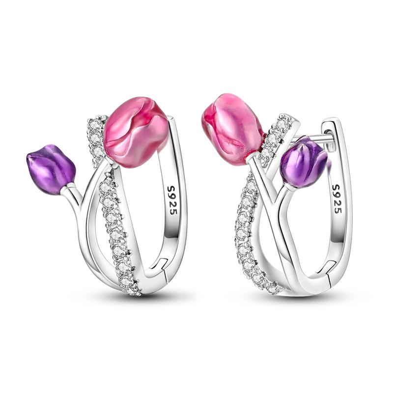 925 Silver Flower Hoop Earrings Fashion Zircon Circle Jewelry For Women Plant Series Gifts Accessories