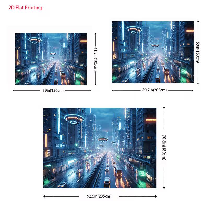 2D Gamer Backdrop, Futuristic Night Cityscape with Neon Lights and UFOs Banner
