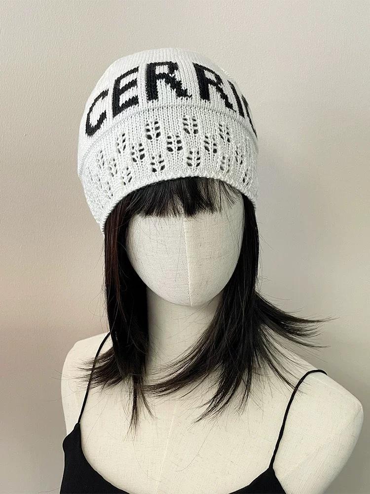 Niche fashionable thin letter-woven woven melon fur hat women's street color matching hollow knitted pullover cold hat couple