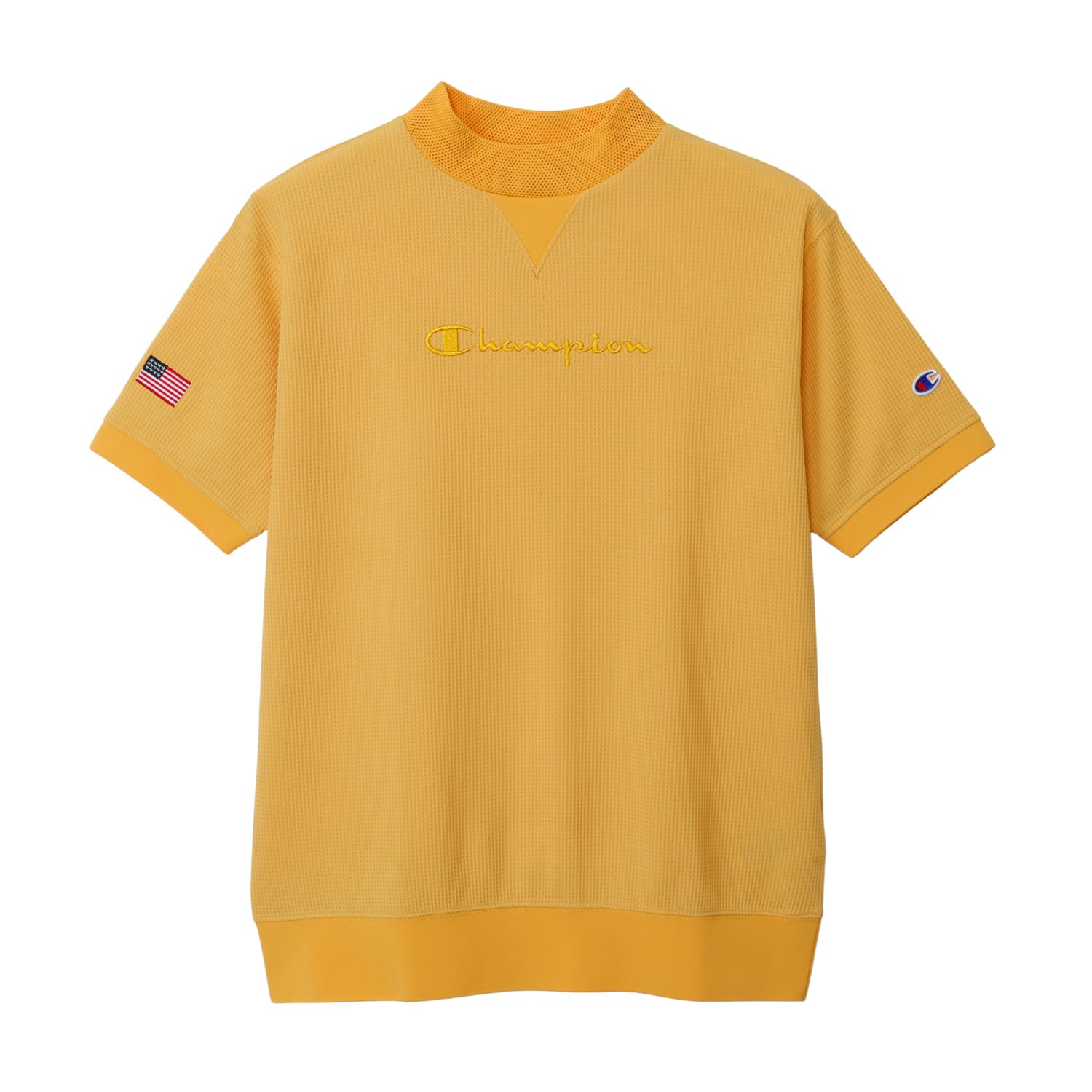 

Champion Футболка с коротким рукавом Quick Heat UV с логотипом Script, с коротким рукавом, с воротником-стойкой, ретро-желтая, сушащая, защищающая, вышивка, футболка, мужская