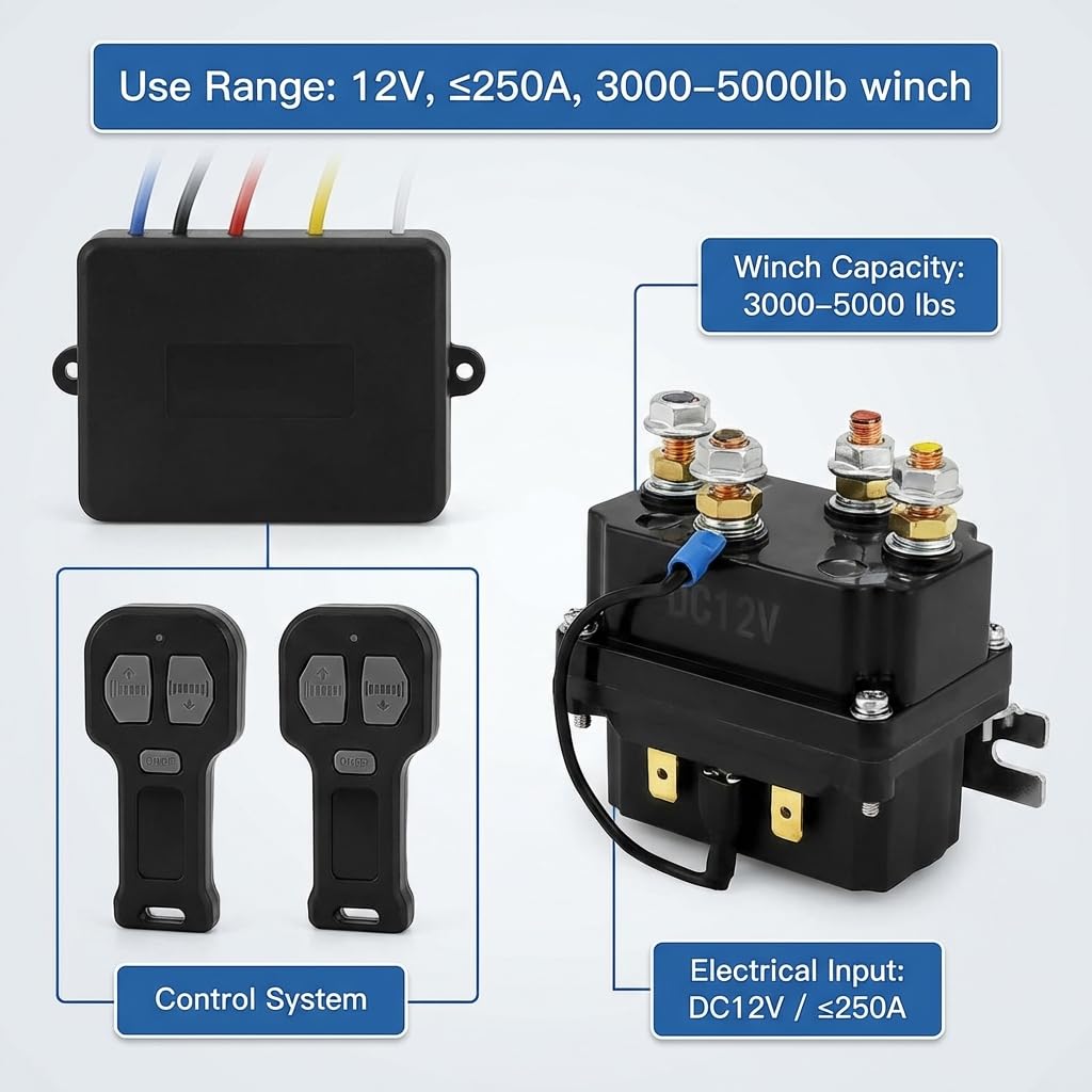 QWORK Wireless Winch Remote Control Kit, 12V 250A Winch Solenoid Relay Contactor + 12V Wireless Winchs Remote, for Truck ATV SUV 63070 62135 74900