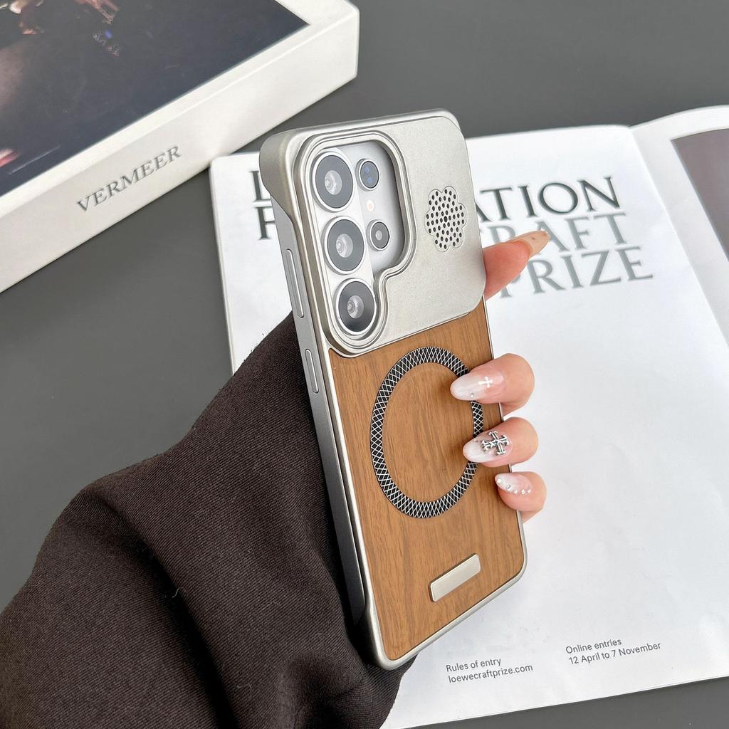 Applicable to Samsung S26Ultra aromatherapy wood grain magnetic mobile phone case without border S25 anti-drop s24 matte protective case