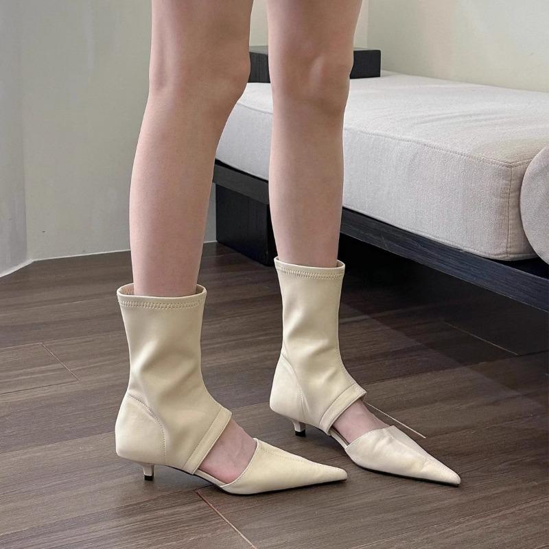 Sharp Pointed Women's Single Lace Heel Hollow Low Heel Boots Women's Elastic Short Boots Autumn Fashion High Heels