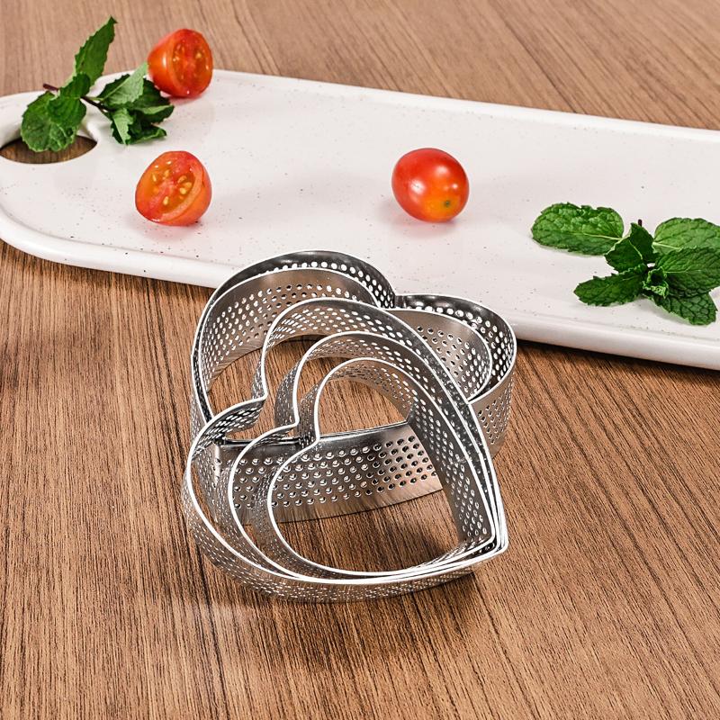 Heart Shaped Perforated Tart Rings With Hole Stainless Steel Tart Bottom Tower Fruit Pie Quiches Cake Ring Mousse Baking Mold