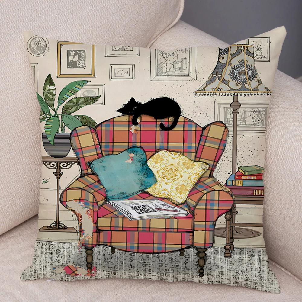 Double Print Cute Elegant Black Cat Cushion Cover Decor Cartoon Animal Pillow Case for Sofa Home Car Soft Plush Throw Pillowcase