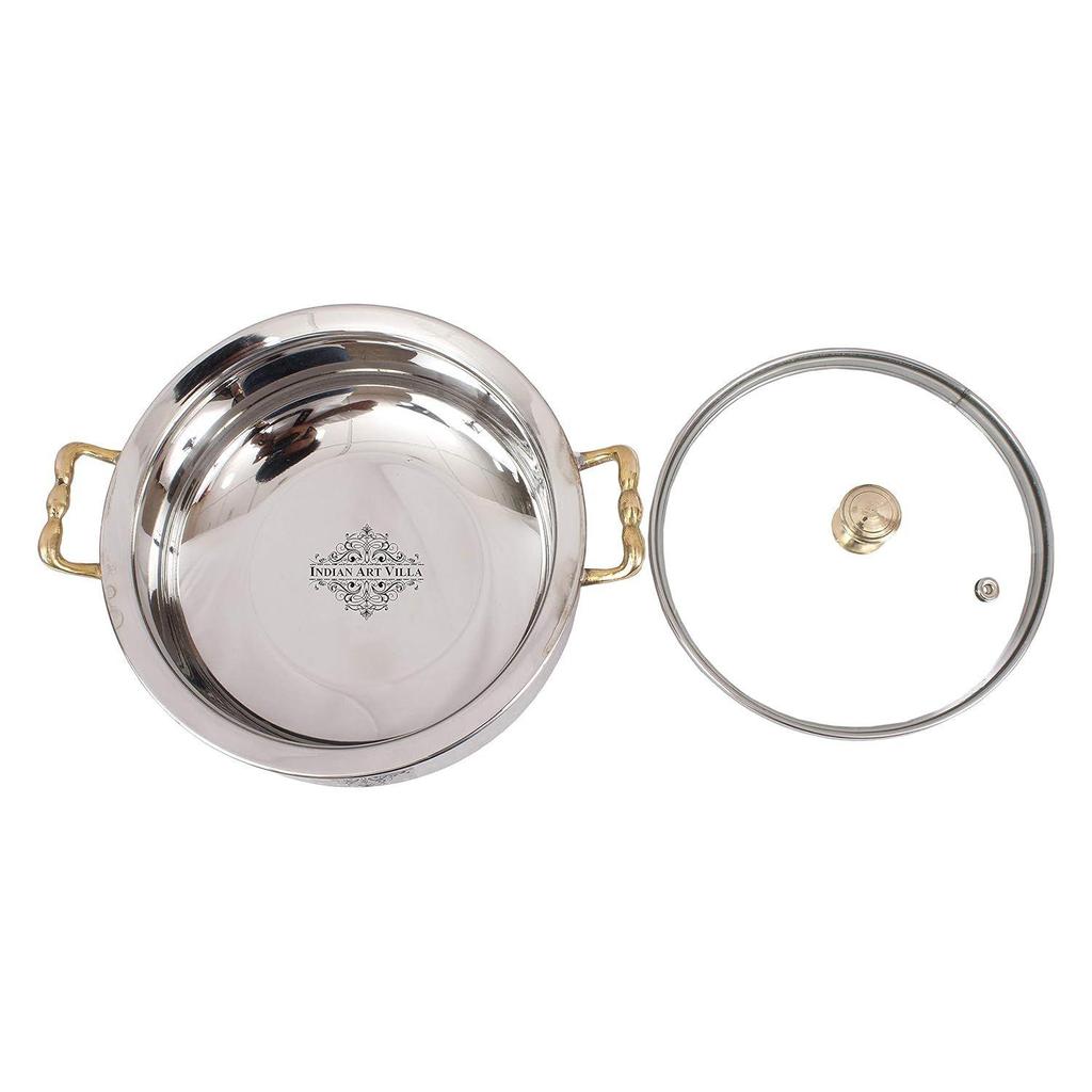 Stainless Steel Hammered Design Handi/Bowl/Casserole with Toughened Glass Lid & Brass Knob & Handles, Volume-400 ml, Pack of 6