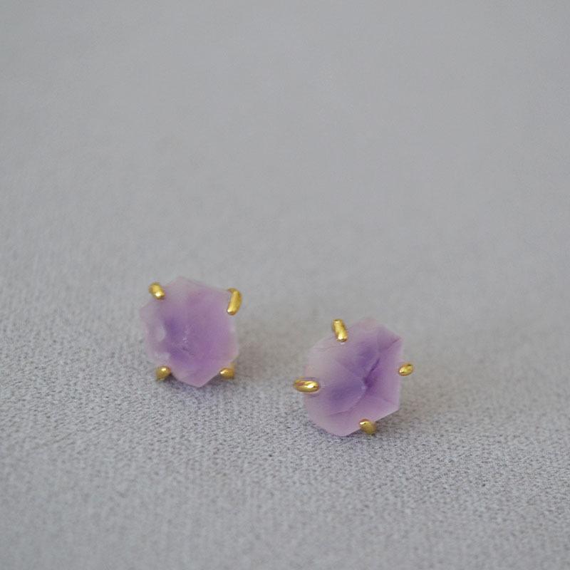 Gold-Plated Irregular Aquamarine & Amethyst Brass Stud Earrings with 925 Silver Posts